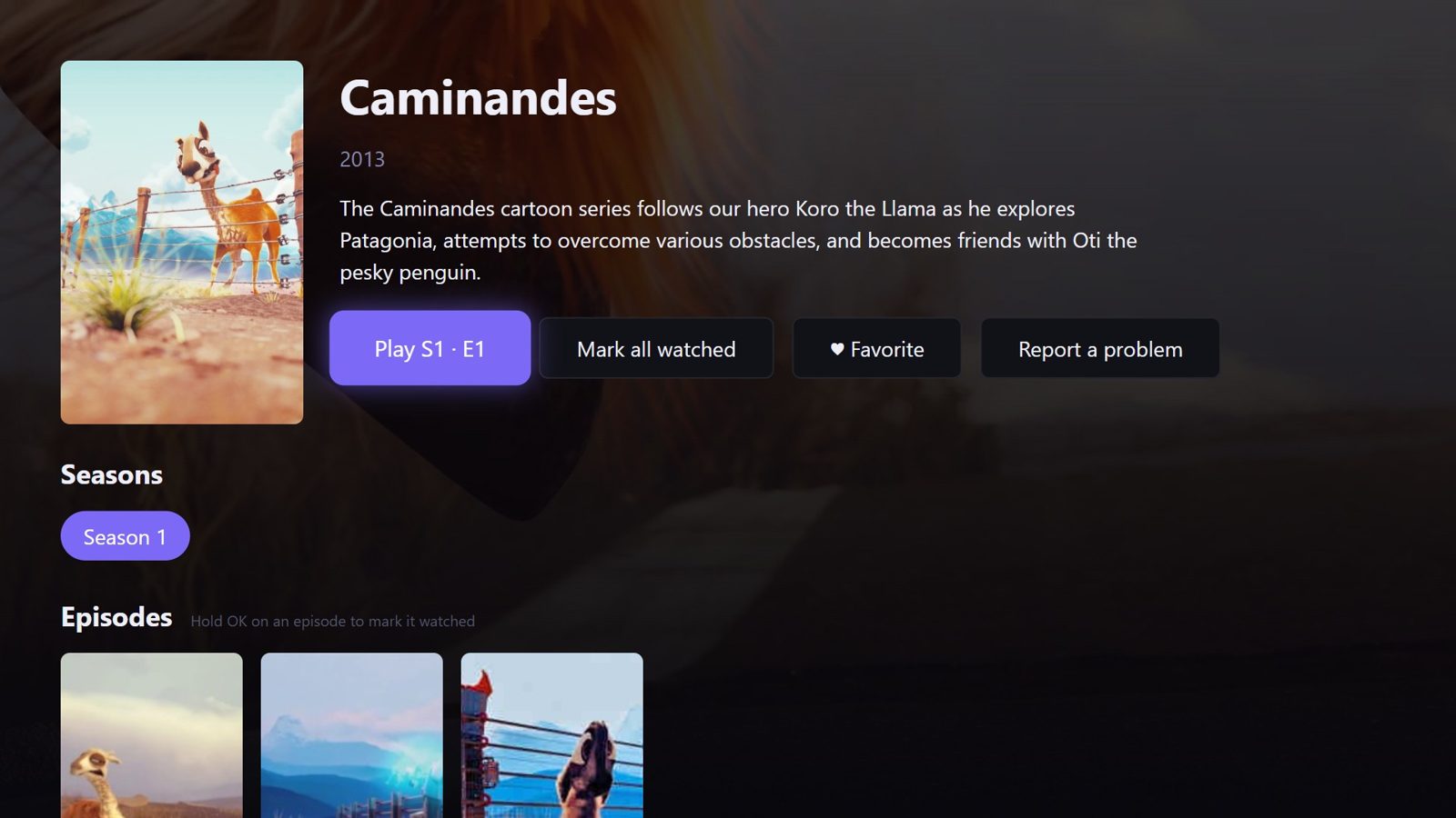 A show's page with Play, Mark all watched and Favorite buttons, seasons and episodes