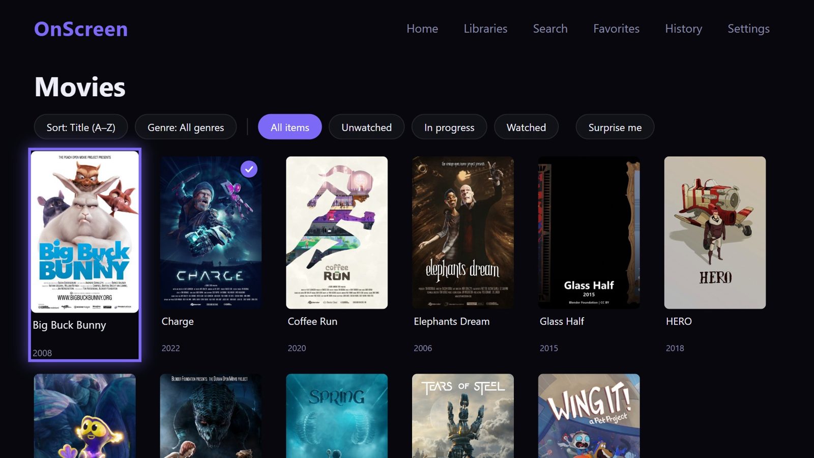 OnScreen's Movies library on a TV, with sort, genre and watched filters